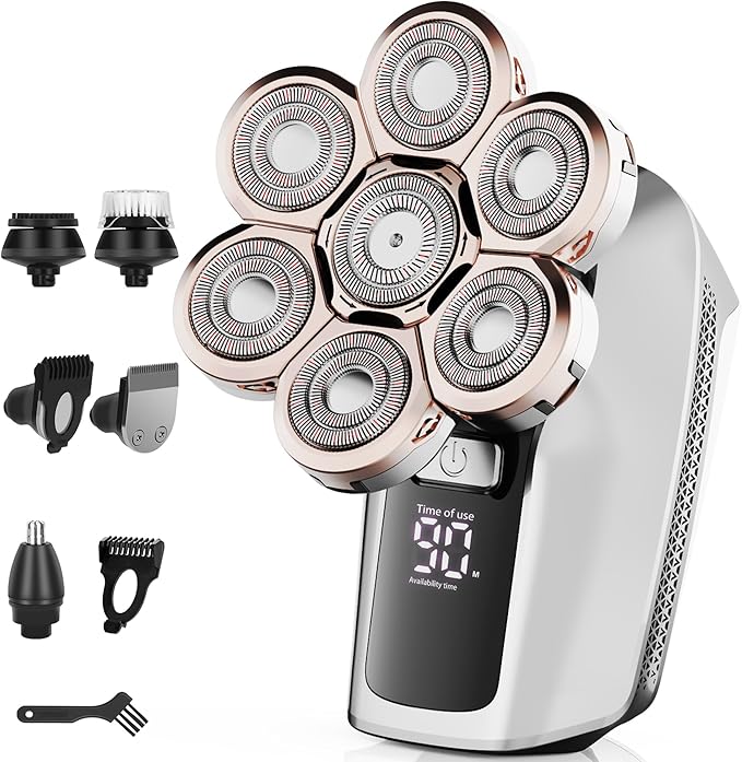 7D Electric Bald Shaver - 5-in-1 Dry/Wet Men's Head Shaver with Led Display &amp IPX7 Waterproof Detachable Rechargeable Razor