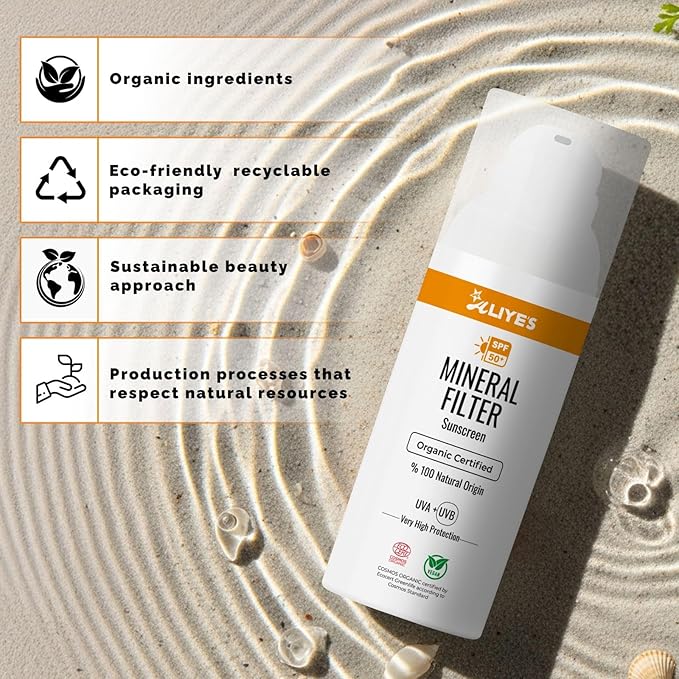 Aliye’s Organic Sunscreen SPF 50+ | Ecocert Cosmos Certified | 100% Mineral &amp Vegan Sun Protection | Safe for Sensitive Skin | 50ml (White)