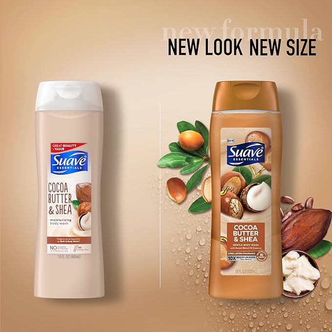 Suave Moisturizing Body Wash Cocoa Butter and Shea with Vitamin E Extract No Parabens No Phtahaltes 18 Oz (Pack of 12)