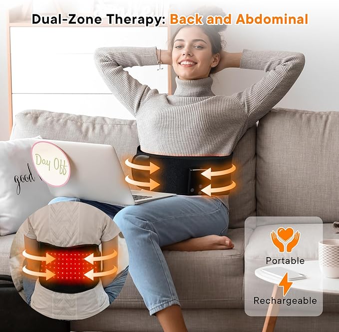 Portable Red Light Therapy Belt for Back Pain &amp Abdomen 5000mAh Cordless with Dual-Zone Control 10/20/30 Min Timer 10Hz Pulse for Muscle Recovery Home Office Use Gift for Parents
