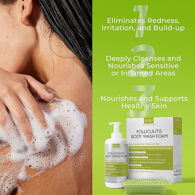 Folliculitis Treatment Folliculitis Body Wash Sensitive Skin | Foaming Cleanser for Redness &amp Irritation with No Sulfates Dyes or Parabens | Body Wash Includes Bonus Scrubber Brush