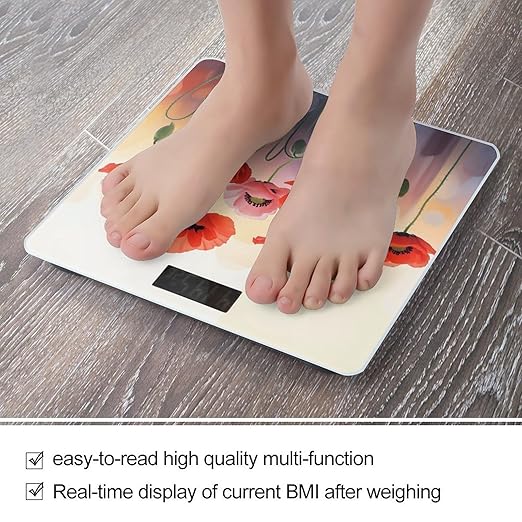 Watercolor Red Poppy Flowers Smart Scale for Body Weight Accurate Bathroom Scale with LED Display Digital Weight Scales Weighing Machine High Precision Scales for Bath Home