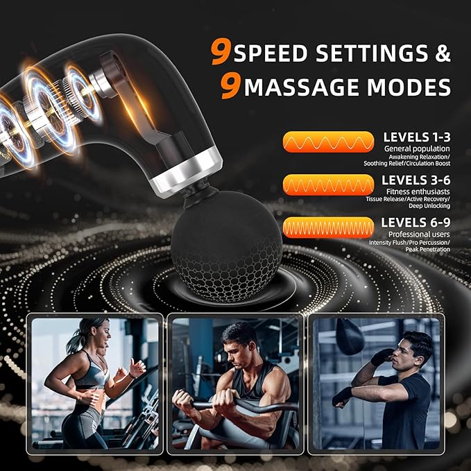 Massage Gun with Upgraded Extension HandleBack Massage Gun Deep TissueBack Massager for Pain Relief for Muscles Neck Shoulders Waist Arm Legs Foot4 Replaceable Heads &amp 9 Speeds (Black)