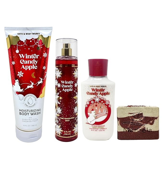 Bath &amp Body Works Winter Candy Apple - Moisturizing Body Wash Fine Fragrance Mist and Mosturizing Body Lotion - with a Cherry On Top Bar Soap