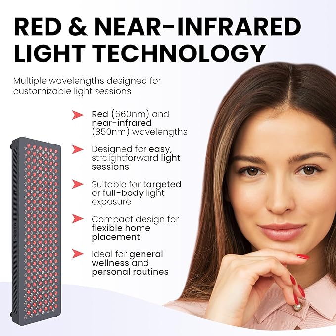 Hooga HG500 Red Light Panel with Near Infrared LED Light 100 LEDs 660nm 850nm Dual Wavelength Built-in Timer Hanging Kit Included.