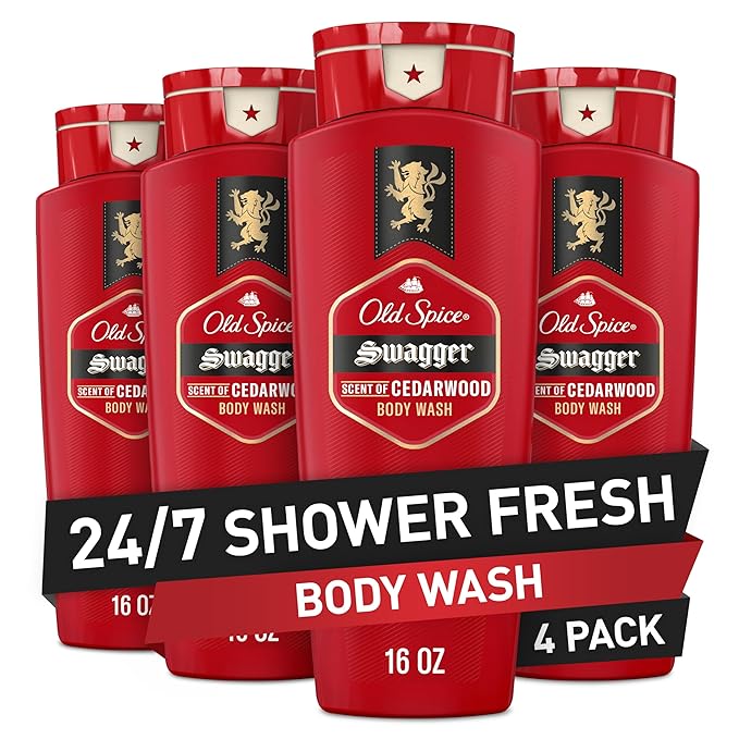 Old Spice Refreshing Body Wash for Men 3X Defense 24/7 Shower Fresh with Long Lasting Scent Red Collection Swagger with Cedarwood Scent 16 oz (Pack of 4)