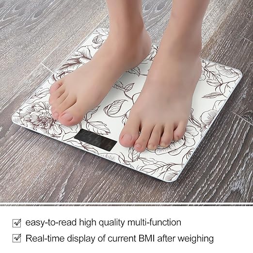 Line Floral Rose Flowers Design2 Scale for Body Weight High Precision Digital Weight Scales with LCD Display Anti-Slip Sturdy Slim Tempered Glass Bathroom Scale for Home Use