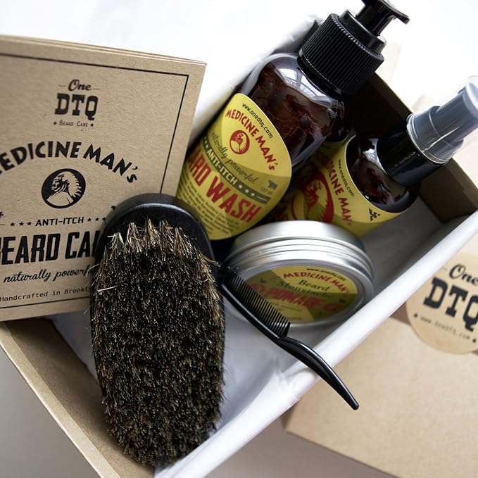 Medicine Man’s Anti-Itch Beard &amp Mustache Kit - Beard Itch Wash Oil Balm Brush - Beard Treatment Products in Premium Gift Box