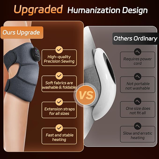 Knee Massager with Heat and Vibration Cordless Heating Pad for Knee 3-in-1 Massager for Knee Shoulder Elbow Portable Washable Heated Knee Brace for Arthritis with 2 Extension Straps