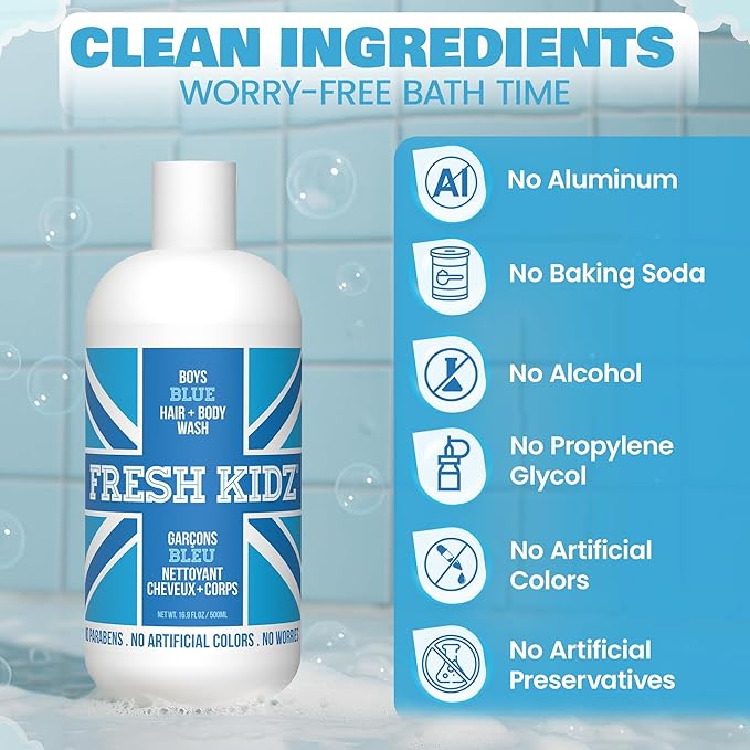 Fresh Kidz Hair &amp Body Wash 16.9 fl.oz. and 2 Roll On Deodorants 1.86 fl.oz. for Kids and Teens - Boys Blue Set
