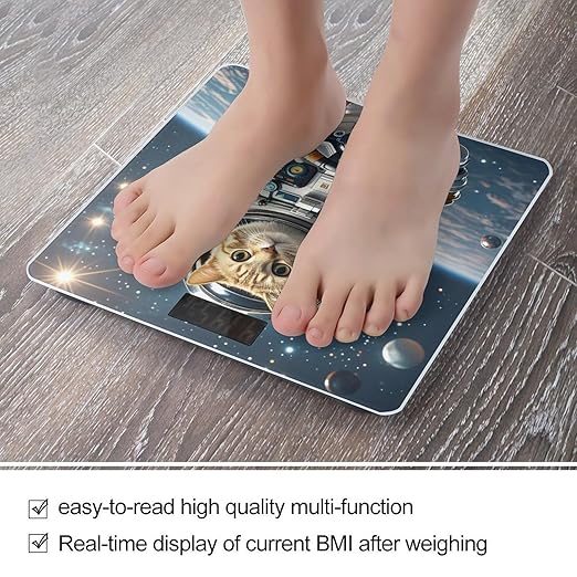 Astronaut Cat in Space Bathroom Scale for Body Weight Bathroom Weighing Scales with Back Lit LED Display Sturdy Tempered Glass Body Weight Bathroom Scale 400lb Weighing