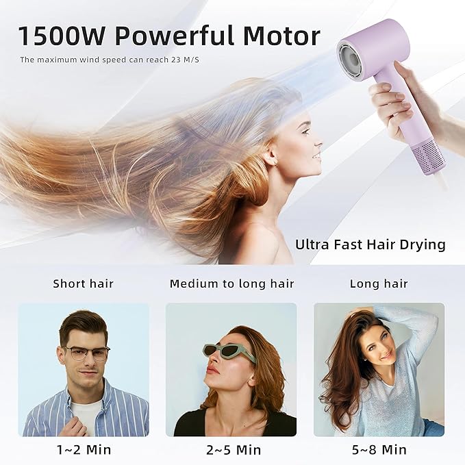 High-Speed Hair Dryer 160000 RPM Brushless Motor for Ultra-Fast Drying500M Ionic Negative for Frizz Reduce Low Noise Thermo-Control Blow Dryer for Women and Men Purple