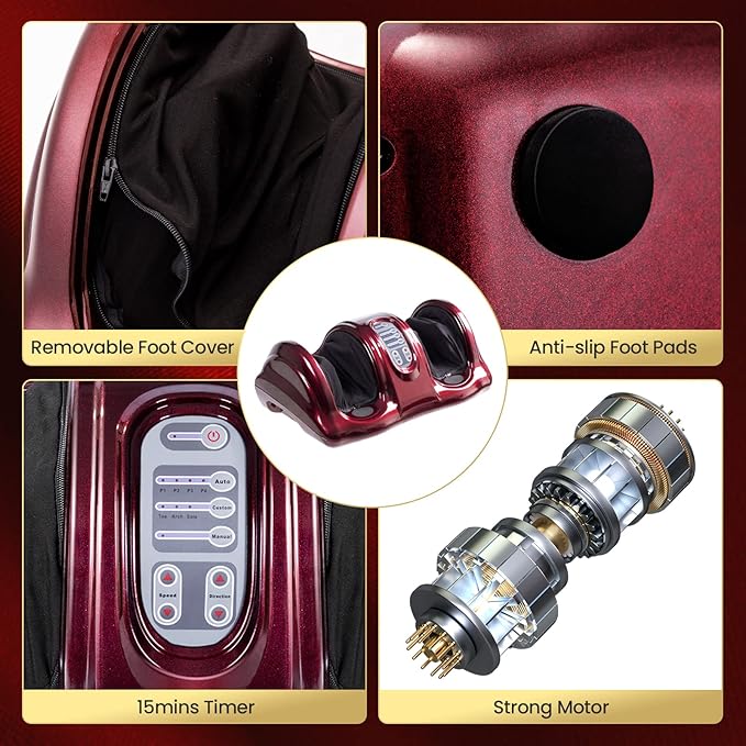 WELLHUT Foot Massager Machine Shiatsu Foot and Calf Massager for Ankle Calf Leg Arm Shiatsu Kneading Rolling Feet Massager Machine Gifts for Men and Women Burgundy
