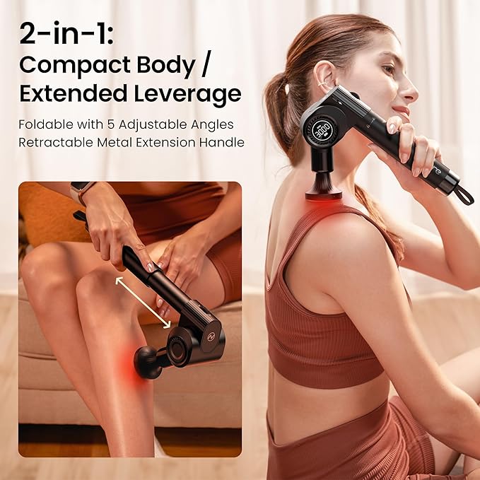 NAPRE Massage Gun with HeatDeep Tissue Handheld Percussion Back Massager for Muscle/Neck/Body Pain Relief with Long Extension Retractable Handle32-SpeedsFoldable5 Adjustable Angleswith Carry Case