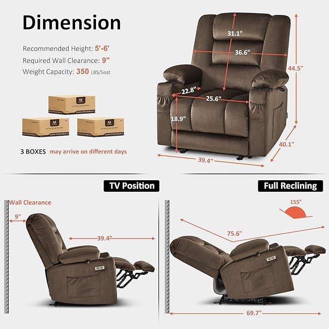 MCombo Oversized Power Recliner Chair for Adults Zero Gravity Recliner with Heating and Vibration Massage USB &amp Type C Ports Cup Holders for Living Room PR671(Dark Brown Oversized)