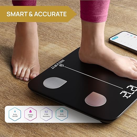 INEVIFIT Smart Body Fat Scale Highly Accurate Bluetooth Digital Bathroom Body Composition Analyzer Measures Weight Body Fat Water Muscle Visceral Fat &amp Bone Mass for Unlimited Users (Black)