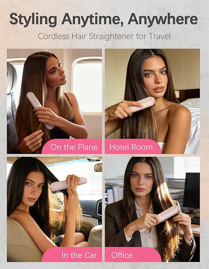 Cordless Hair Straightener Brush Portable Hair Straightener with Cooling Mode Negative Ions for Frizz-Free Shine &amp LED Display USB-C Charging &amp Fast Heating Gift for Women