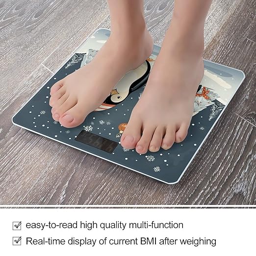 Merry Christmas Penguins Bathroom Scale Large LCD Backlight Display Digital Scale Rounded Corners Body Scales Automatic Power On/Off Bathroom Scales for Home Bedrooms