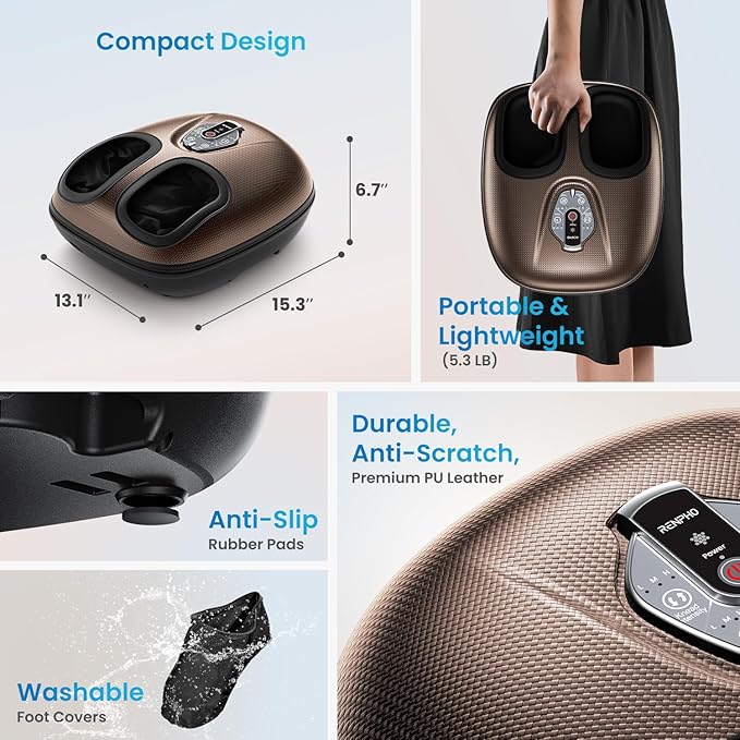 RENPHO Foot Massager Machine with Heat [2026 Upgraded] Shiatsu Foot Massager for Plantar Fasciitis Birthday Gifts for Women Men Cordless Control Best Gifts for Women/Mom/Wife Brown