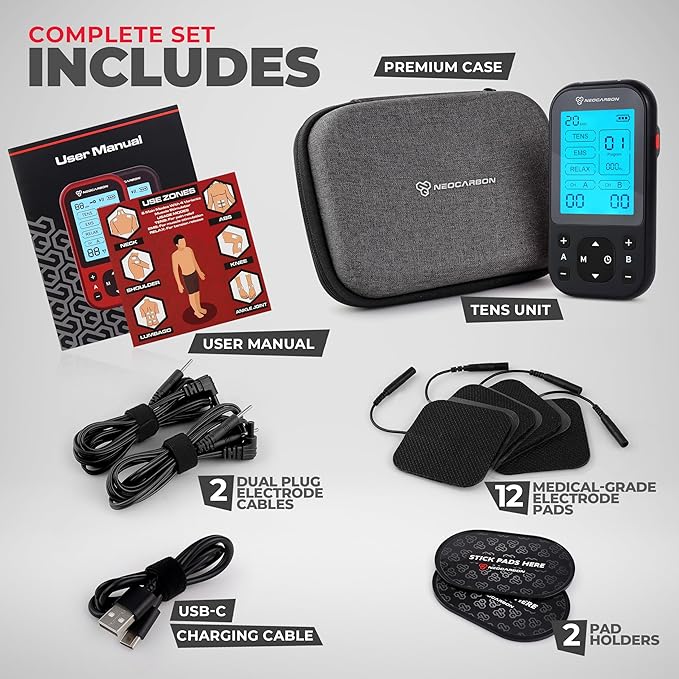 Neocarbon TENS Unit Muscle Stimulator Pro for Back Pain Relief Shoulder Recovery and Physical Therapy Electronic EMS Massager Machine with PMS Pulse for Effective Shock Therapy Black