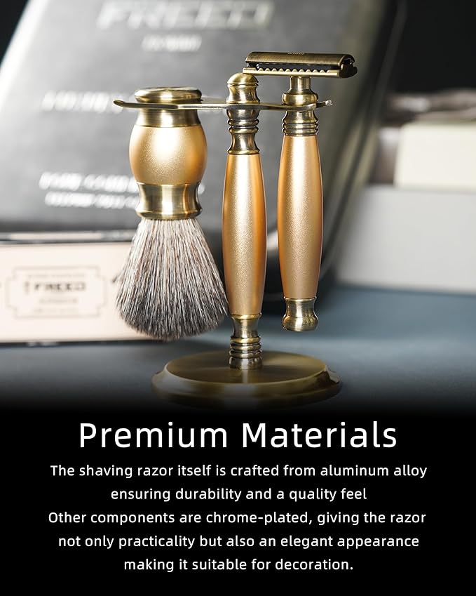 FREED Bronze Series Custom Laser-Engraved Double-Edged Safety Razor Aluminum Alloy Material Includes 120 Bladesit's the best gift for menfathers or birthdays (Bronze Gold)
