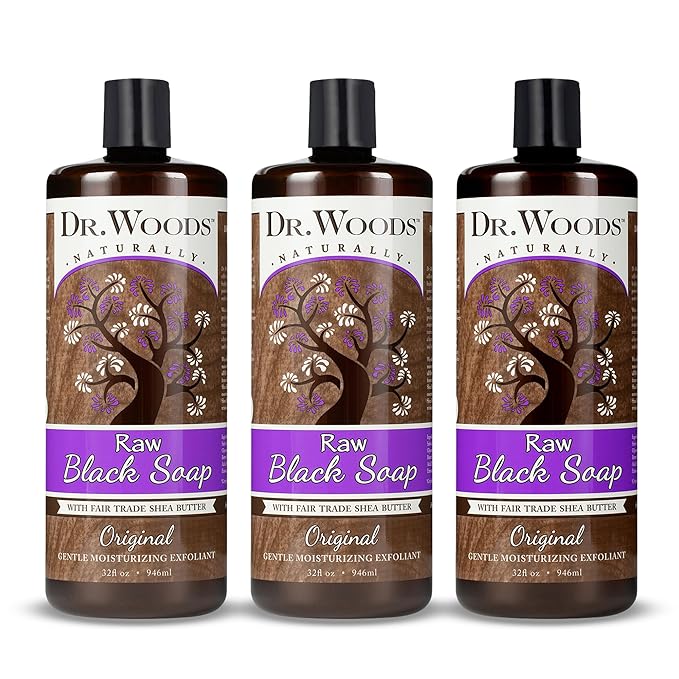 Dr. Woods Raw African Liquid Black Soap - Body Wash for Men and Women Contains Organic Shea Butter Gentle Exfoliant Natural Cleanser for Face Hands and Body - 32 Fl Oz Pack of 3