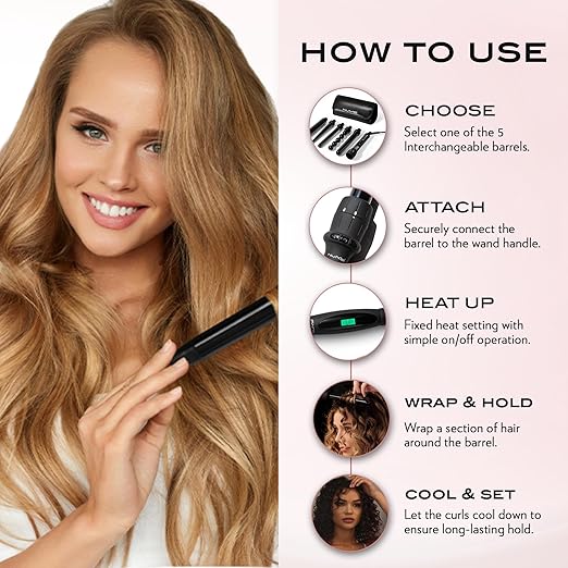 NuMe Lustrum 5 in 1 Tourmaline Ceramic Curling Wand Set with Interchangeable Barrels Digital Display Automatic Shutoff Feature. Heat Up to 410°F