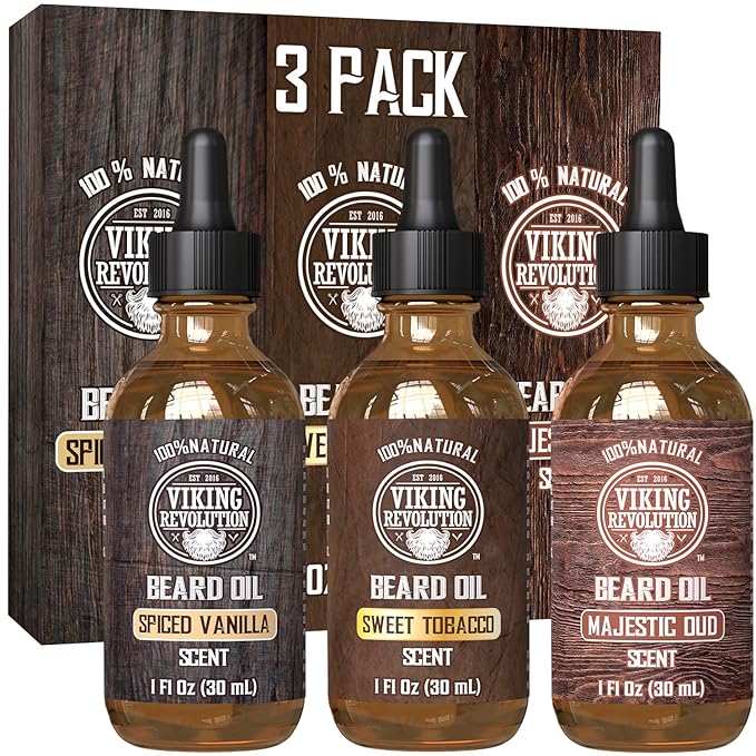 Viking Revolution Beard Oil for Men 3 Pack - Natural Mens Beard Oil Variety Set - Spiced Vanilla Sweet Tobacco Majestic Oud - Beard Conditioning and Moisturizing for a Healthy Beard (3 Pack 1oz)