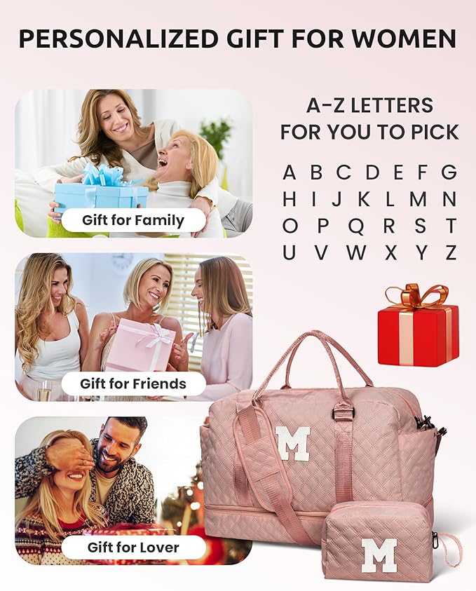 Birthday Gifts-for Women-Initial Duffle Bag with Shoe Compartment Personalized Weekender Bag Monogram Overnight Bag Letter Travel Bag with Makeup BagFriend Wife Birthday Gift (Letter C)