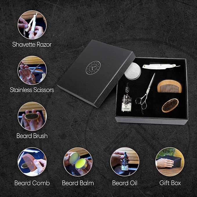 Shavette Straight Razor Kit - Kit with Shavette Straight Razor Hemp Pre-Shave Oil Stainless Steel Scissors Skin &amp Aftershave Balm Bamboo Beard &amp Mustache Comb &amp Brush Grooming Care Ki