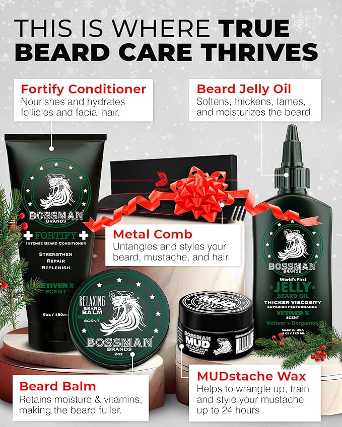 Bossman Complete Beard Kit – Men's Beard Oil Jelly Fortifying Shower Conditioner Balm Mustache Wax &amp Comb – Beard Softener &amp Grooming Care – Men Gift Set (Magic Scent)
