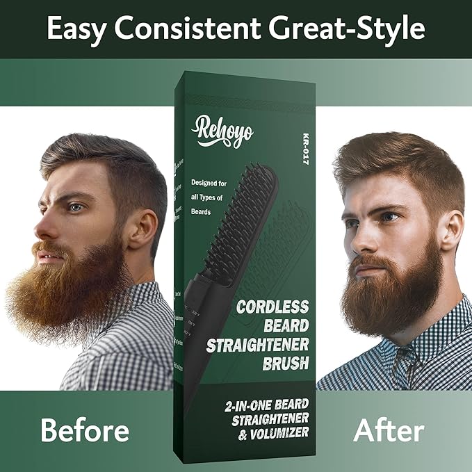 Beard Straightener for Men Portable Cordless Heated Hair &amp Beard Straightening Brush with Anti-Scald &amp Ionic Technology 3 Temperature Setting Comb for Home Travel