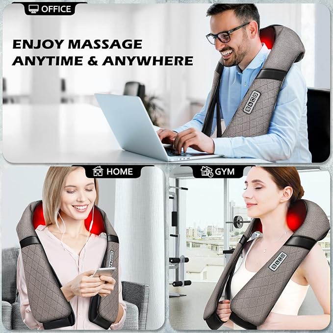 Blue Elf Shiatsu Electric Neck Back Massager Pillow 3D Kneading with Heat for Shoulder Lower Back Foot Leg Muscles Pain Relief Relax in Car Office and Home (Gray)