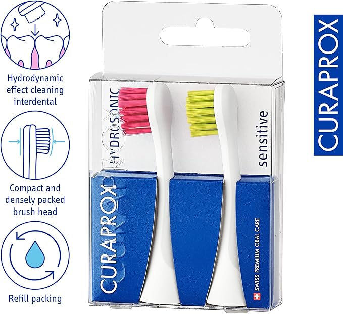 Curaprox Hydrosonic Brush Heads Rainbow Sensitive Duo – for Gentle Gum Care &amp Precise Cleaning | Magenta/Green 2-Pack | Compatible with All Sonic Models | Swiss Made