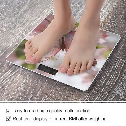 Butterfly-Pink Weight ScaleClear LED Display Bathroom Digital Weighing ScaleTempered Glass Digital Bathroom Scale for Body Weight Capacity Up to 400 Lbs