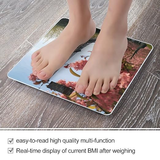 Paris Eiffel Tower Flower Scale for Body Weight Anti-Slip Tempered Glass Digital Bathroom Scales Clear LCD Display Weighing Scale Safe Rounded Corners Smart Scales