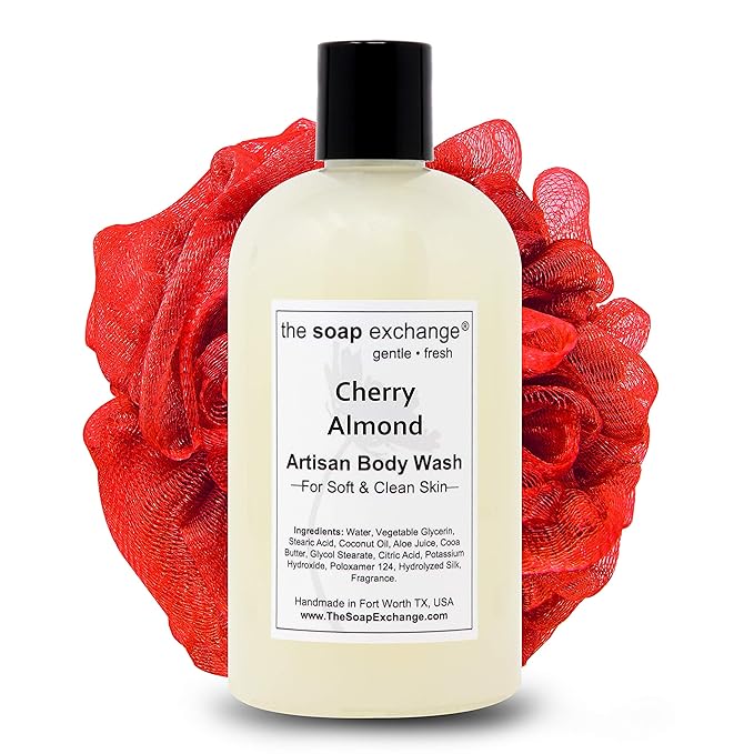 The Soap Exchange Body Wash - Cherry Almond Scent - Hand Crafted 12 fl oz / 354 ml Natural Artisan Liquid Soap for Hand Face &amp Body Shower Gel Cleanse Moisturize &amp Protect. Made in the US