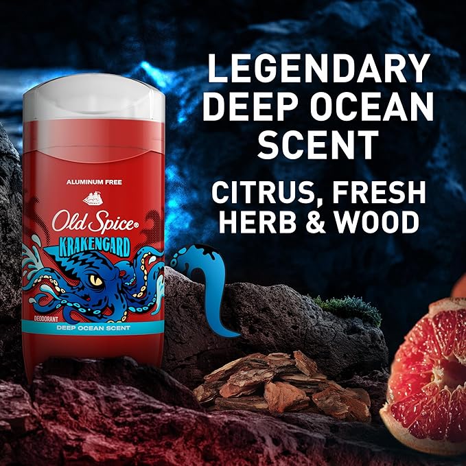 Old Spice Aluminum Free Deodorant for Men 24/7 Odor Protection 24/7 Freshness &amp Lasting Scent Goes on Clear Krakengard with Deep Ocean Scent 3.0 oz (Pack of 3)