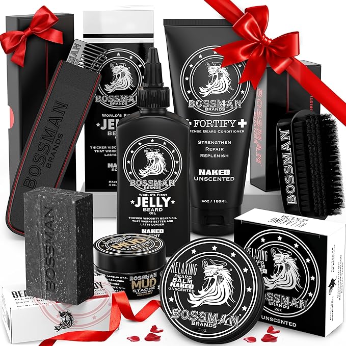 Bossman Big Boss Beard Care Kit for Men - 7 Piece Beard Grooming Kit with Jelly Beard Oil Beard Conditioner Beard Balm MUDstache Wax Bar Soap Metal Comb Brush - Gift Set for Men (Naked)