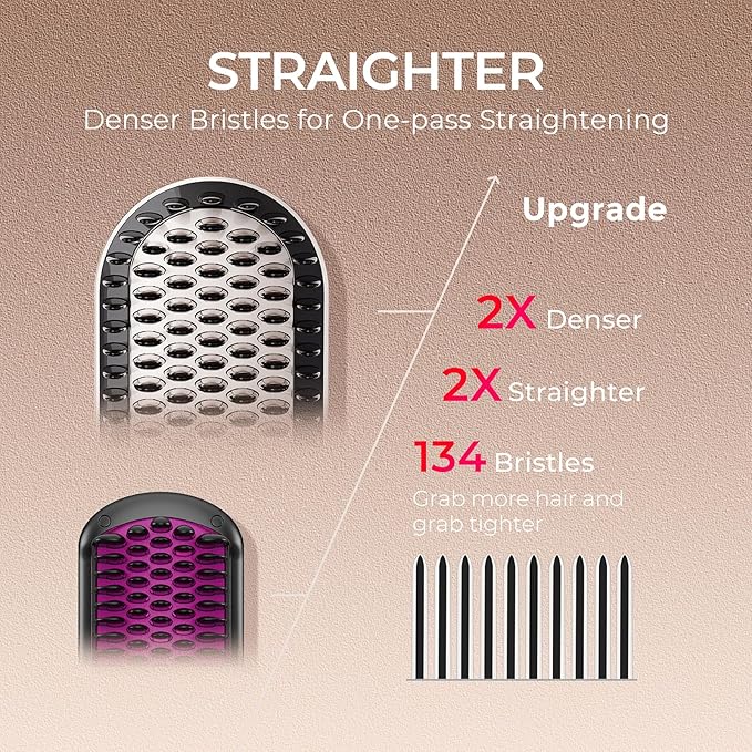 TYMO Hair Straightener Brush - Upgraded Ionic Plus Straightening Brush with Dense Bristles 16 Temps Dual Voltage | Ceramic Hot Comb for Women | Flat Iron for Thick Curly Hair Gold