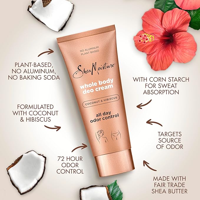 SheaMoisture Whole Body Deo Cream Coconut &amp Hibiscus 3 count for All-Day Odor Control with No Aluminum 2.5 oz