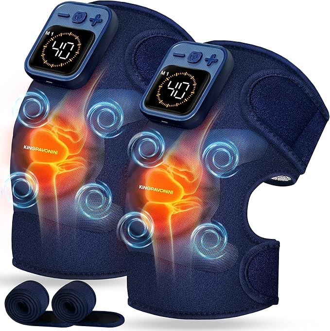 KingPavonini Cordless Knee Massager for Pain Relief Newly 4 Motors Vibration 5 Heat Levels 6 Massage Modes Knee Heating Pad for Knee Pain Heated Knee Massager Brace for Mom Dad (Blue 2.0)