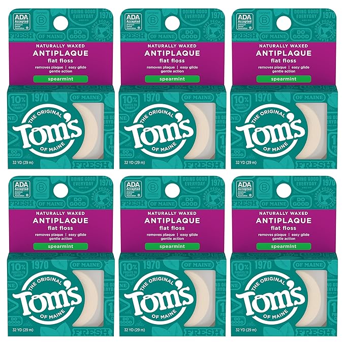 Tom's of Maine Naturally Waxed Antiplaque Flat Dental Floss Spearmint 32 Yards 6-Pack (Packaging May Vary)