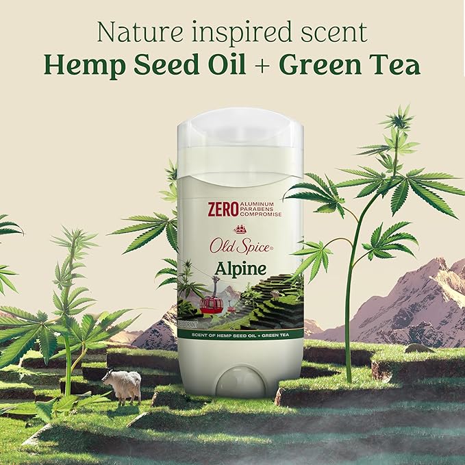 Old Spice Aluminum Free Deodorant for Men 24/7 Lasting Freshness &amp Long Lasting Scent 24/7 Sweat &amp Odor Protection Alpine with Hemp Seed Oil + Green Tea Scent 3.0 oz (Pack of 3)