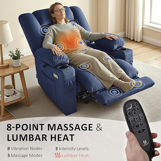 MCombo Oversized Recliner Chair for Big and Tall Zero Gravity Recliner with Massage and Heat USB &amp Type C Ports Cup Holders for Living Room PR671 (Navy Blue Oversized)