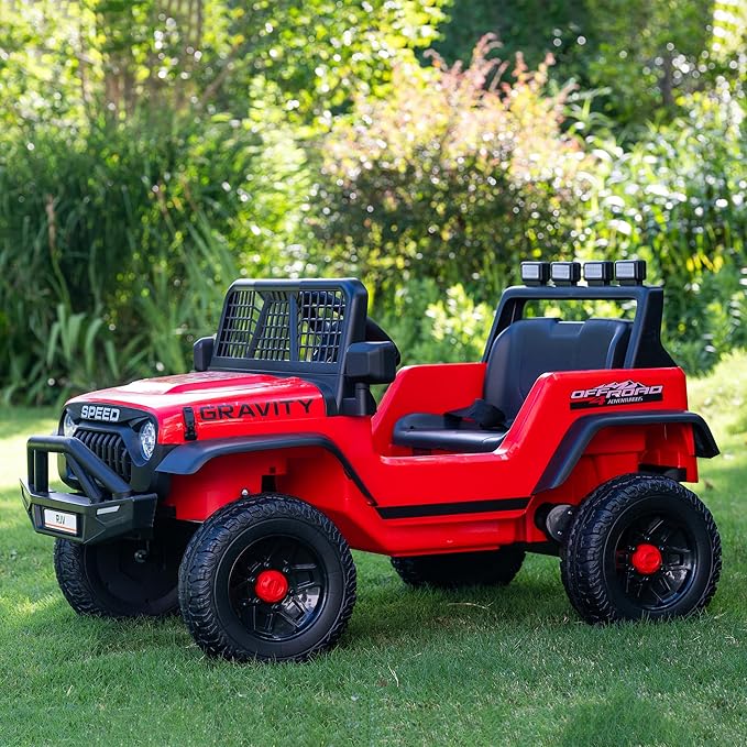 12V 7AH 4WD Kids Ride-On Truck Electric Off-Road Car with Remote &amp Pedal Control LED Lights Music USB Safety Belt 4-Wheel Suspension Adjustable Speeds Outdoor Gift for Boys Girls Red