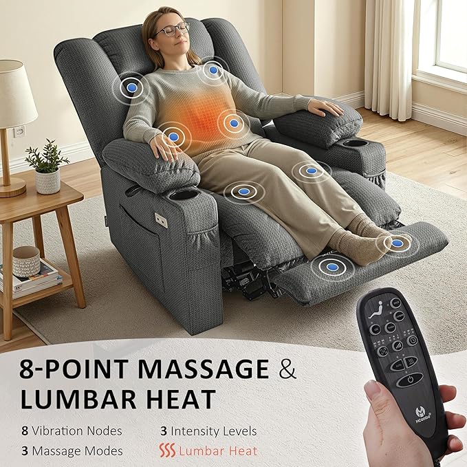 MCombo Oversized Recliner Chair for Big and Tall Zero Gravity Recliner with Massage and Heat USB &amp Type C Ports Cup Holders for Living Room PR671(Grey Oversized)