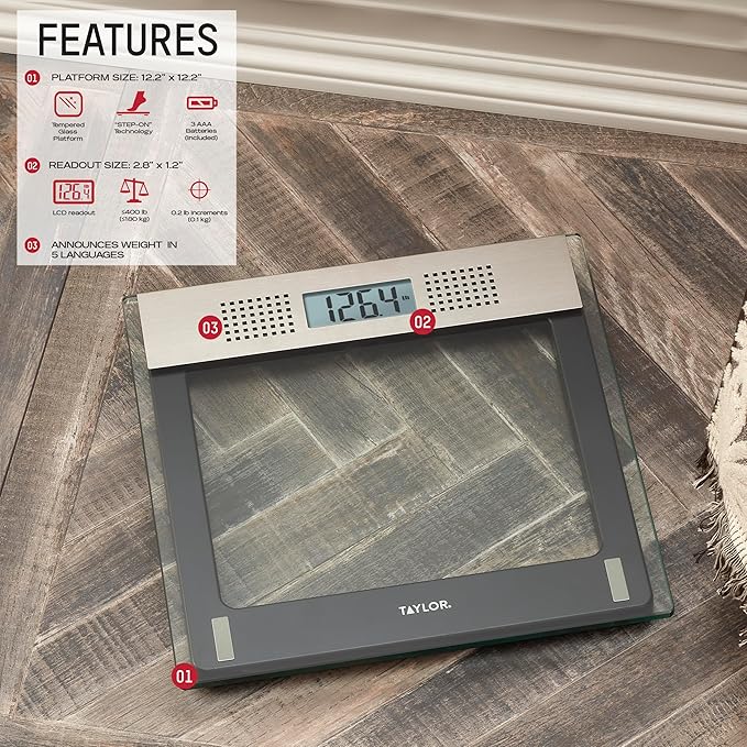 Taylor Talking Bathroom Scale for Seniors 440 lb Capacity Glass Digital Body Weight Scale with Loud Voice Readout Gray