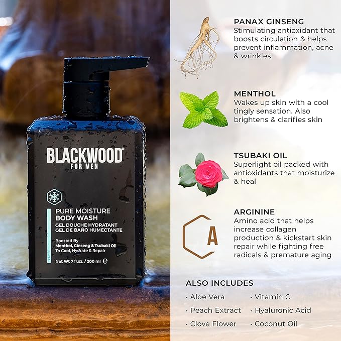 Blackwood For Men Pure Moisture Body Wash (7oz) + Double Duty Beard &amp Body Scrubber Bundle - Natural Vegan Formula for Sensitive Skin and Workout Recovery - Dual-Sided Men's Shower Tool