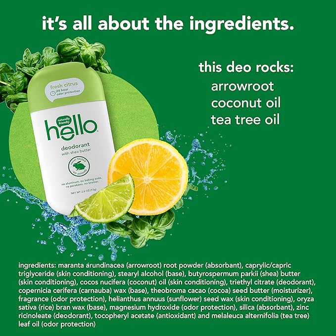 hello Deodorant With Shea Butter for Women + Men 24 Hour Odor Protection - Sweet Coconut Fresh Citrus and Clean + Fresh No Aluminum + No Baking Soda Vegan &amp Parabens Free 2.6oz 3 count